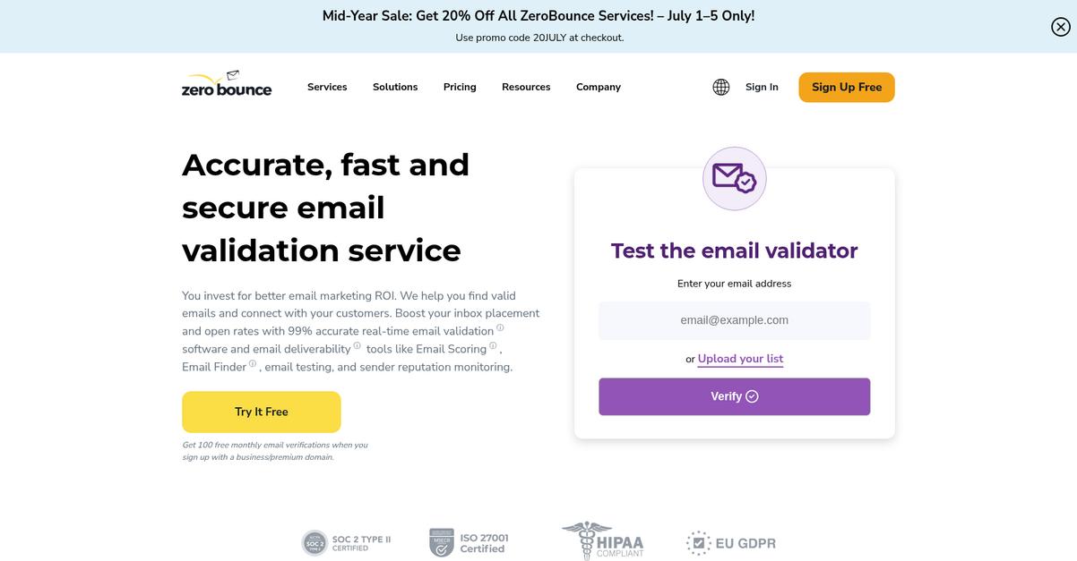 Zero Bounce Homepage