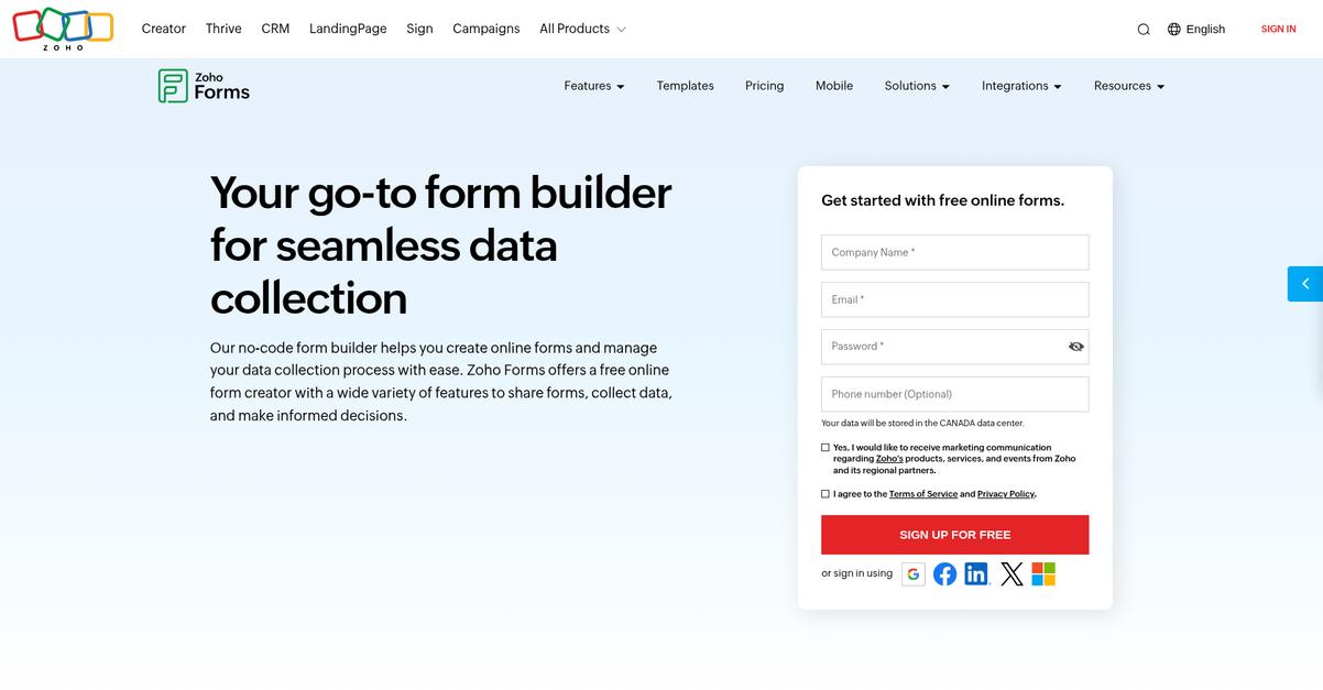 Zoho Forms Homepage