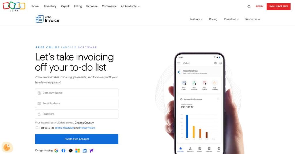 Zoho Invoice Homepage