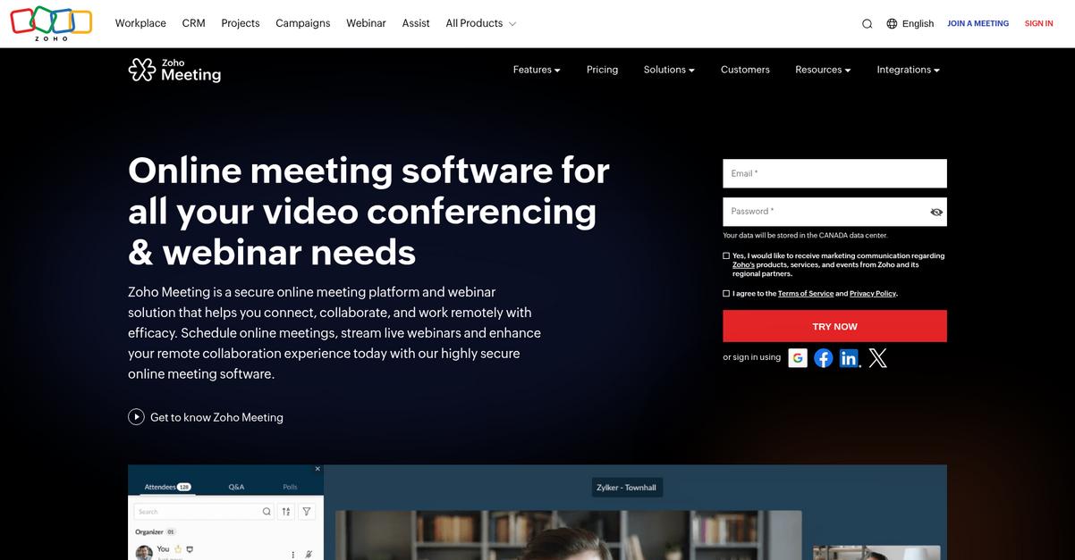 Zoho Meeting Homepage